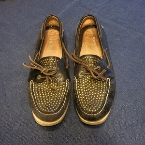 Black Leather Studded Sperry Topsiders Boat Shoes / Loafers size 9.5